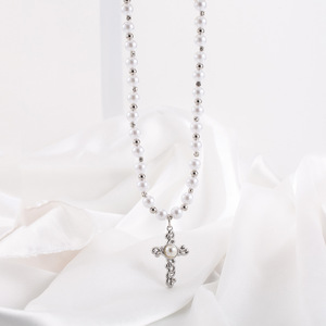 yunnique European American Light Luxury Fashion Imitation Pearl <b>Cross</b> Pendant Necklace Titanium Steel Beaded <b>Chain</b> For Men Women - Product Image 2