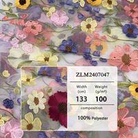 Tissu en tulle tricoté brodé de fleurs colorées |   Polyester/Métallique/Coton Léger pour Robes de Mariage et Tenues Romantiques
