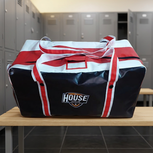 Grand sac de sport en toile noire robuste avec doublure en polyester et sangles blanches et bleues, logo personnalisé - Product Image 2