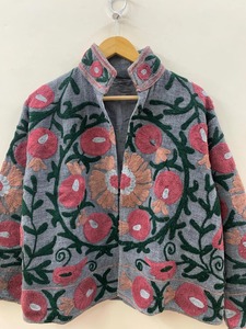 Abrigo de terciopelo Suzani de tela TNT, chaqueta corta bordada, chaqueta corta con cuello mandarín, abrigo de estilo bohemio - Product Image 2
