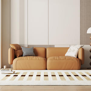 Three Seater <b>Cream</b> Leather <b>Sofa</b> Straight Square Shape Upholstered Foam Filling Modern Living Room Furniture - Product Image 3