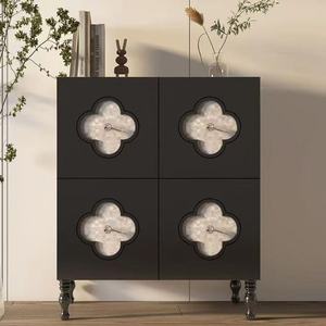 Premium Black Tall Wooden Cabinet 4-Door Quatrefoil Mother of Pearl Inlay Spindle Leg <b>Storage</b> <b>Sideboard</b> For Entryway Living Room - Product Image 1