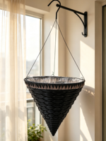 Panier à fleurs suspendu conique en ciment noir, jardinière tressée avec bord dentelé marron, crochet métallique sculpté à la main style américain, étanche
