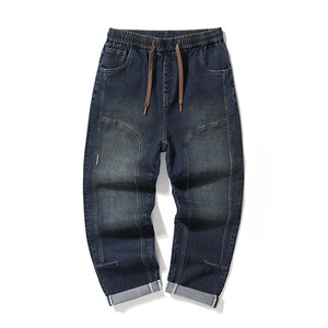 Pantalones harén de moda para hombre de otoño e invierno, pantalones vaqueros de carga americanos holgados de gran tamaño, cintura media, mezclilla lavada, cordón informal sólido - Product Image 5