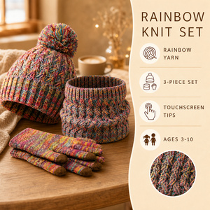 Ensemble bonnet et gants longs en tricot multicolores pour adultes, 100% acrylique, chauds, compatibles avec les écrans tactiles, pour l'hiver - Product Image 2