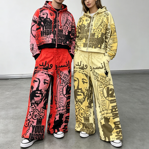 Ensemble de survêtement unisexe 2 pièces streetwear : sweat à capuche court zippé imprimé et pantalon de survêtement large délavé à l'acide pour <span class=keywords><strong>homme</strong></span> - Product Image 1