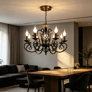 Lustre suspendu vintage en <span class=keywords><strong>fer</strong></span> <span class=keywords><strong>forgé</strong></span> fluorescent à 6 lumières en métal <span class=keywords><strong>noir</strong></span> pour salon, salle à manger, décoration intérieure - Product Image 3