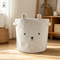 Panier de rangement en velours côtelé avec poignées, broderie visage d'ours, panier à linge pour chambre d'enfant, organisateur de jouets, bac rond en tissu pour chambre d'enfant