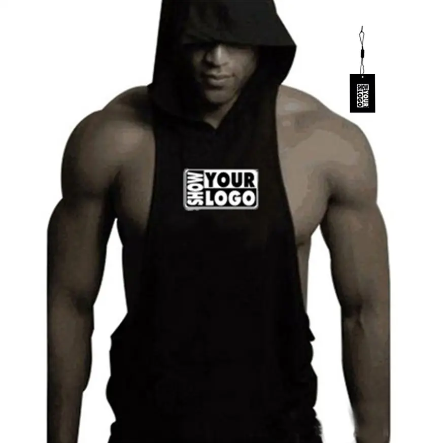 Free Shipping Muscle men cotton waistcoat loose body building fitness hooded vest training tank top