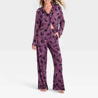 Ensemble pyjama d'hiver imprimé pour femme, col à revers, haut boutonné à manches longues, pantalon large, vêtements de nuit en tricot doux, tenue décontractée pour femmes