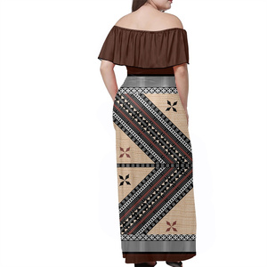 Venta al por mayor marrón fuera del hombro vestido con volantes Tapa diseño de flores Midi vestidos de mujer Polynesian Tribal Bodycon vestido - Product Image 2