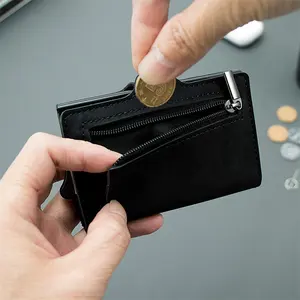 Automatic Card Ejection Card Holder European Texture Vintage Pu Leather Wallet Metal Aluminum Rfid Card Holder
