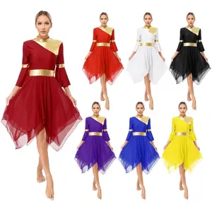 Custom Womens Patchwork Liturgical Praise Dance Dress Mock Neck 3/4 Flare Sleeve Christian Dance Dress