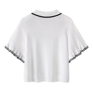 Women's Polo Shirt Short Sleeve Ruffle Trim Knitted White With <b>Black</b> <b>Edge</b> Summer Casual Wear - Product Image 2