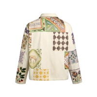 Jaket Kanvas Katun Krem Pria OEM, Cetak Layar Motif Bunga Geometris, Potongan Kotak, Pakaian Kerja Khusus