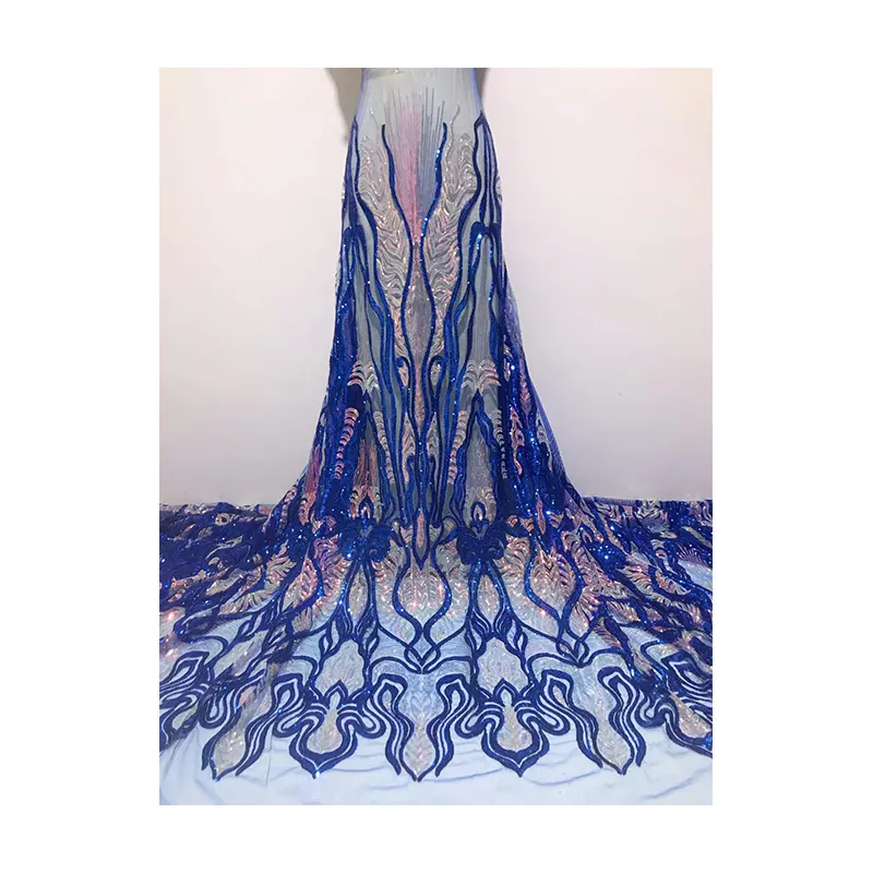 मध्य पूर्व पोशाक के लिए पूरे सेक्विन कढ़ाई फीता वेडिंग नेट लक्जरी ब्राइडल सॉलिड यार्ड द्वारा अफ्रीकी चमकदार नीला फीता कपड़ा