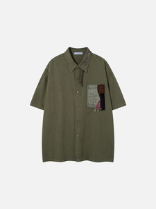 Oversized Men's Cotton Denim <b>Shirt</b> With <b>Patchwork</b> Applique And Hand Embroidery Short Sleeve Casual Summer Top - Product Image 2