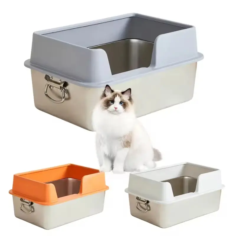 Caja de arena para gatos Xl semicerrada de acero inoxidable, caja de arena Xl para gatos grandes, caja de arena de fácil limpieza