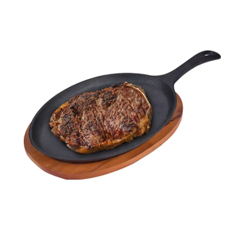 Bbq 2 Pcs Plate Cookware Double Plate Set Steak Cooking Sizzling Hot Pan Round Sizzling Cast Iron Sizzler Plate With Wood Base