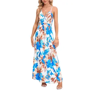 2024 gaun pantai motif bunga Hemmed untuk anak perempuan gaun Bohemian Thailand baru musim panas wanita panjang Medium gaun manis seksi pita besar punggung terbuka