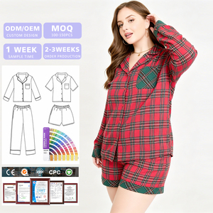 Wholesale Spring oversize Sleepwear Red Plaid Pant <b>Set</b> Long Sleeve Shirt Button Front Shorts <b>Christmas</b> Women <b>Pyjamas</b> - Product Image 1