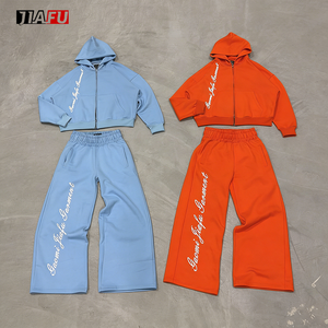 400/500/600gsm Heavyweight Blank Wide Leg Sweat Pants and Hoodie Set Men Custom Oversized Zip up Hoodie Men Tracksuit Apparel - Product Image 1