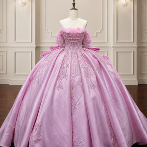 Vestido de Quinceañera Lsmc139, Exquisito Vestido de Gala Rosa, Satinado, con Hombros Descubiertos, Flores y Apliques de Cuentas, Jancember - Product Image 3