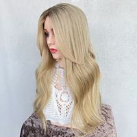 Prothèse capillaire 6x8 7x9 en cheveux humains blond cendré balayage, avec dessus en dentelle, nœuds simples invisibles et dos en trame, cheveux ondulés