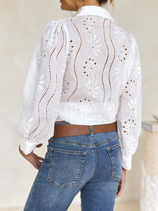 Blus merek tenun lengan panjang untuk wanita, kemeja kasual Depan polos bordir untuk musim semi dan musim panas - Product Image 5