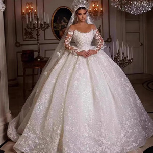 European American Wedding Dress 2026 <b>Lace</b> Long Sleeve High Waist Sweetheart Neckline Floral Print Bridal Gown Pure <b>White</b> - Product Image 3