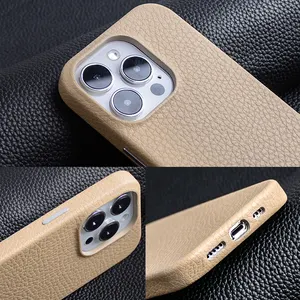 Custom LOGO Phone case Higher edges Protection Polished Pebble stone Vegetable tanned leather Phone cover for iphone 14 15 13