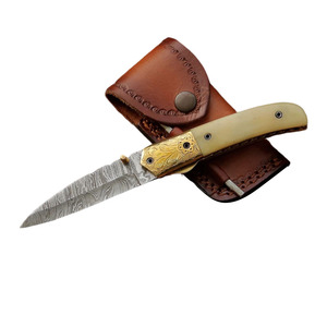 High Quality Damascus Stainless Steel Drop Point Folding <b>Knife</b> Back Lock <b>Bone</b> <b>Handle</b> Sheath for Pocket Hunting Camping <b>Knife</b> - Product Image 1