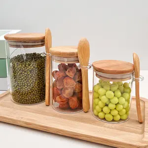 Frascos de especias de bambú de vidrio borosilicato redondos con tapa de bambú y cuchara de bambú para dulces, especias, granos de café, nueces, galletas