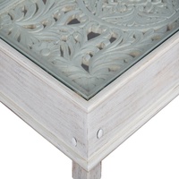 Table basse en bois massif sculptée à la main - Plateau en verre, finition blanchie - Table à thé shabby chic avec motifs floraux Jali - Style antique indien