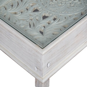 Hand-Carved Solid Wood Coffee <b>Table</b> -Glass Top <b>White</b> Washed Center <b>Table</b> -Floral Jali Work Shabby Chic Tea <b>Table</b>- Indian Antique - Product Image 3