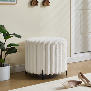 Modern Upholstered Round <b>Pouf</b> Ottoman Foot Rest Black Metal Legs Faux Fur Footstool for Living Room Bedroom Apartment Entryway - Product Image 2