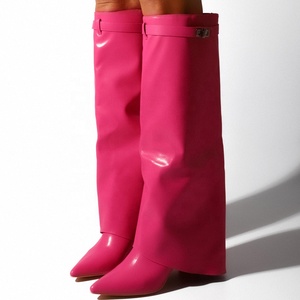 Women Solid Long Boots Fashion Overlay Pointy Toe Knee High Booties for Teens Autumn Winter High Chunky Heels <b>Shoes</b> - Product Image 5