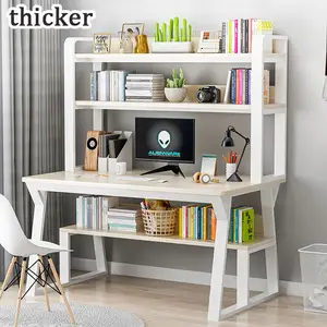 Modern Wooden Basic White Computer Student Study Desk Writing Table With 2-Tier Shelf Organizer