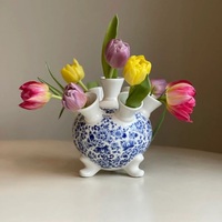 Jarrón de Cerámica Estilo Tulipán Holandés, Jarrón Decorativo Azul Delft en Forma de Corazón