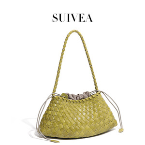 Bolso de hombro tejido para mujer con cierre de cordón de rejilla de diamantes estilo bohemio para uso diario - Product Image 3