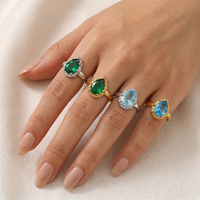 Bijoux de main de luxe légers européens et américains, acier inoxydable plaqué or 18 carats, zirconium vert bleu en forme de goutte d'eau, bague pour femme
