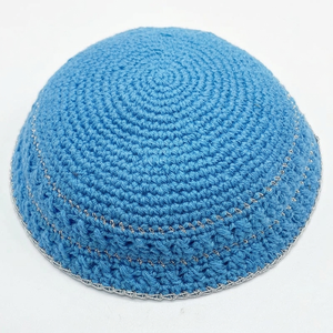 Kippa/Yamulka tricotée à la main en coton 100% de 20 cm, grande taille, pour hommes et enfants, haute qualité, bleu marine et argent, bonnet au crochet personnalisé - Product Image 6
