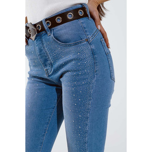 Jeans skinny en bleu délavé avec strass sur toute la partie avant - Product Image 4
