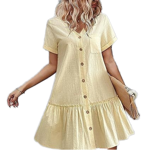 Vestido Midi Casual de Primavera para Mujer, de Algodón y Lino, con Cuello en V, Dobladillo con Volantes, Manga Corta, Cierre de Hebilla, Transpirable, Lavable, para Moda - Product Image 1