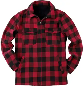 Custom Logo Men's Sherpa Fleece Lined Red heavyweight Flannel Jacket Men Warm Brushed Plaid Shirt jackets
