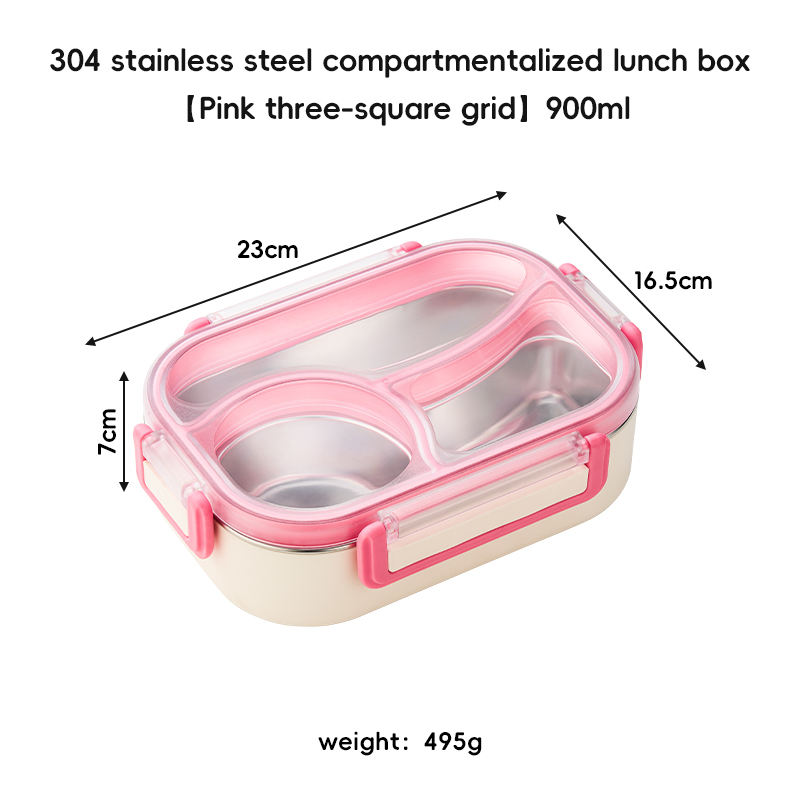 กล่องข้าว 304 แบบแบ่งช่อง (สีชมพู, 3 ช่อง)