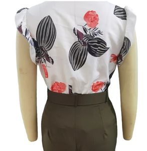 Lotus Leaf manches femmes 2 pièces costume d'été imprimé haut pantalon décontracté ceinturé tenue - Product Image 6