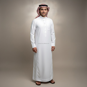 2025 người đàn ông Muslim Robe Set Trắng Robe + Turban + Headband O cổ hồi giáo saudi Arab thobe cầu nguyện ramadan Dubai kaftan Set - Product Image 1