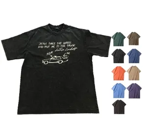 300G 장착 산성 워시 컬러 티셔츠 자수 티셔츠 100% 면 티셔츠 사용자 정의 자신의 로고 대형 남성 티셔츠