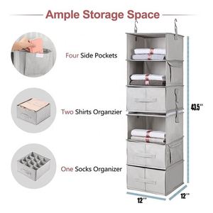 <b>6</b>-Shelf Stainless Steel Hanging Wardrobe Closet Organizer with 2 Separable 3-Shelf Pockets and <b>Drawers</b> for Clothing & Bedding - Product Image 3